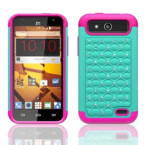 ZTE Speed Rhinestone Case , Slim Hybrid Dual Layer[Shock Resistant] Crystal Rhinestone Studded Case Cover - Teal/Hot Pink